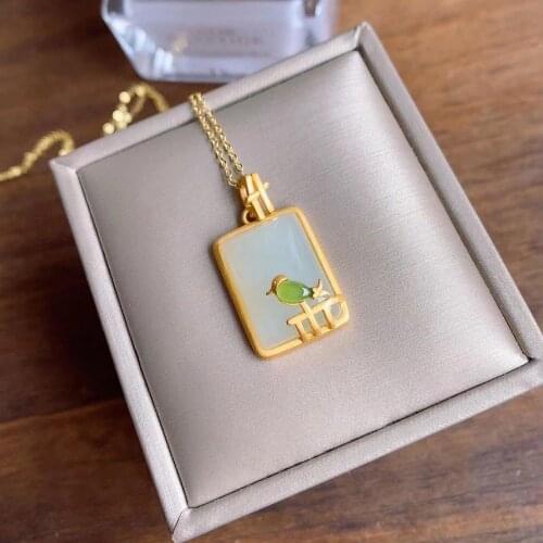 Gift Counter S925 Sterling Silver Gilding Inlaid Hetian Gray Jade Square Plate Pendant Natural Fence Bird Jasper