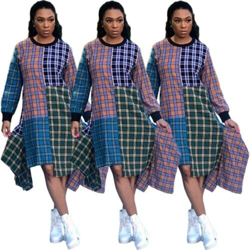D5075 Fashion Stylish Irregular Clothing Women Causal Spliced Plaid Dress Long Ladies Long Sleeve Loose Dresses