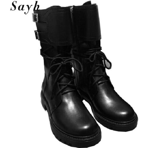 Motorcycle Ankle Boots Double Buckle Combat Leather Shoes Platform Chunky Heels Shoes Casual Martin Booties