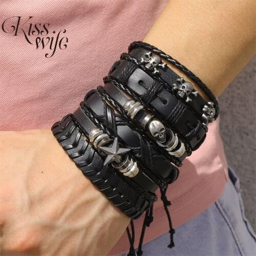 KISSWIFE Punk Rock Skull Star Feather Multiple Layers Leather Bracelets For Men Charms Bracelets & Bangles Armband Jewelry