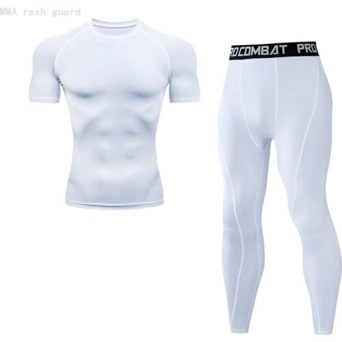 Tracksuit Men Summer Gyms Workout Training Suits Set Quick dry Sweat Suit T-shirts + leggings Mens Clothing To Sweat Tights