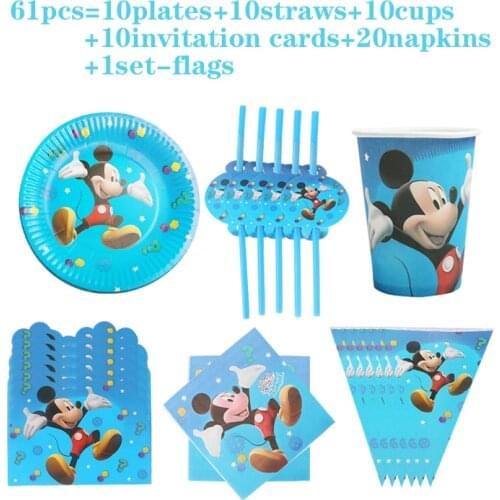 Disney Blue Mickey Mouse Party Supplies Decoration Disposable Tableware Set Napkin Cup Straw Plate Birthday Party Boy Child Gift
