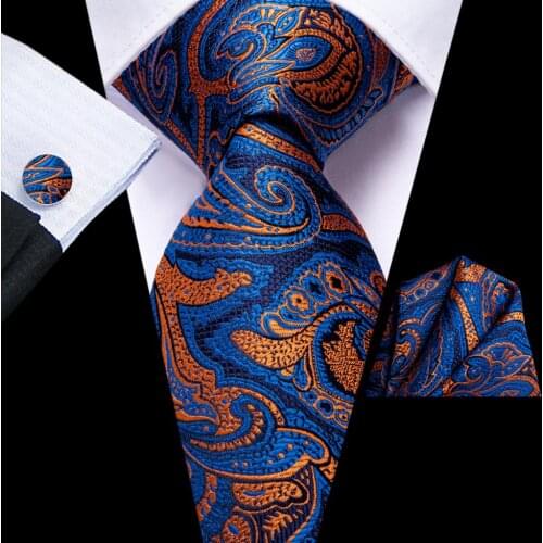 Hi-Tie Blue Orange Paisley Silk Wedding Tie For Men Fashion DesignerHandky Cufflink Set Gift Necktie For Men Business Party
