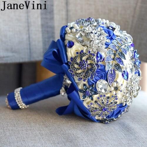 JaneVini Luxury Royal Blue Jewelry Bridal Bouquet 2019 Pearl Crystal Rose Articielle Satin Ribbon Beaded Bride Wedding Bouquets