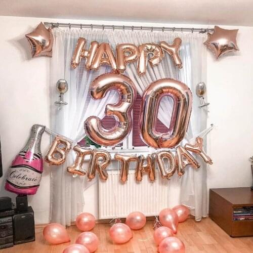 Rose Gold Themed Birthday Party Decorations Champagne Bottle Birthday Number Heart Foil Balloons Adult Party Air Helium Globos