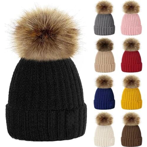 2020 Parent Child Women Hats Warm Winter Pompom Fur Knitted Beanie Caps Women Baby Girls Boy Fur Pom Pom Hat Ski Snow Cap
