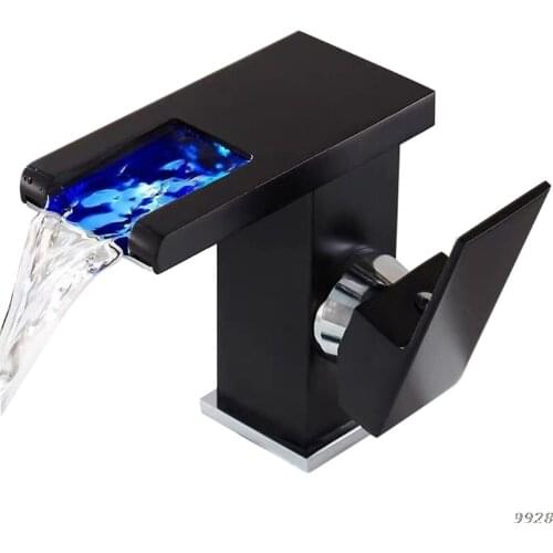 Bathroom LED Light Sink Faucet, Waterfall Spout Basin Faucet, Cold and Hot Water Mixer Sink Tap Brass Body Black，White