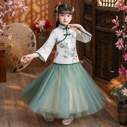 Girl Chinese Traditional Cheongsam Hanfu Tang Suit Fairy Princess Qipao Dress Children New Year Festival Ancient Costume Set