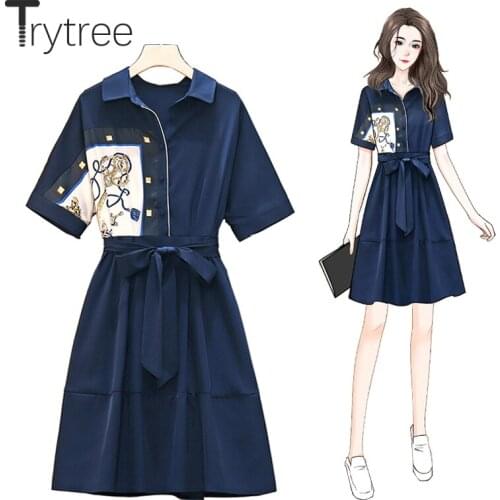 Trytree Summer Womens Dresses Casual Turn-down Collar A-line Belt Printed Buttons Shirt Dress Silky Office Lady Navy Dresses