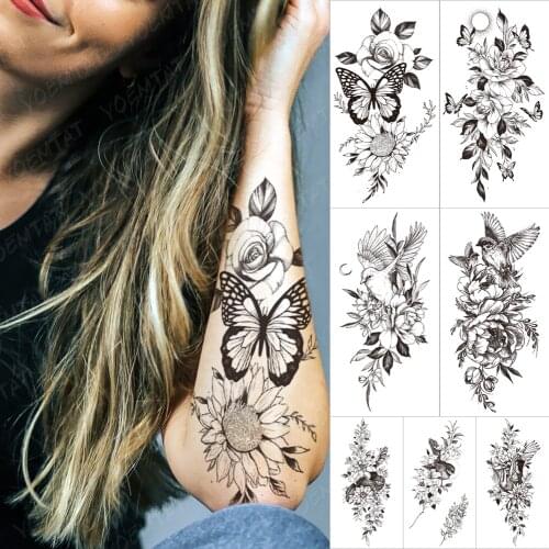 Flower Blooming Waterproof Temporary tatooo Stickers Daisy Bird Jasmine Transferable tattoos Body Art Fake tatoo Black Man Women