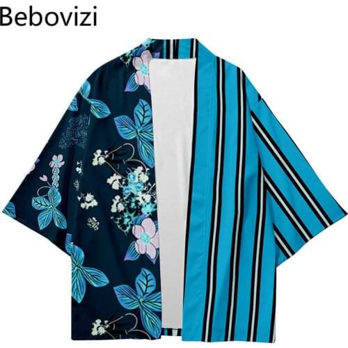Japanese Sets Fashion Kimono Men Women Cardigan Haori Obi Plus Size XS-6XL Blue Striped Beach Harajuku Asian Clothes Pant Suit
