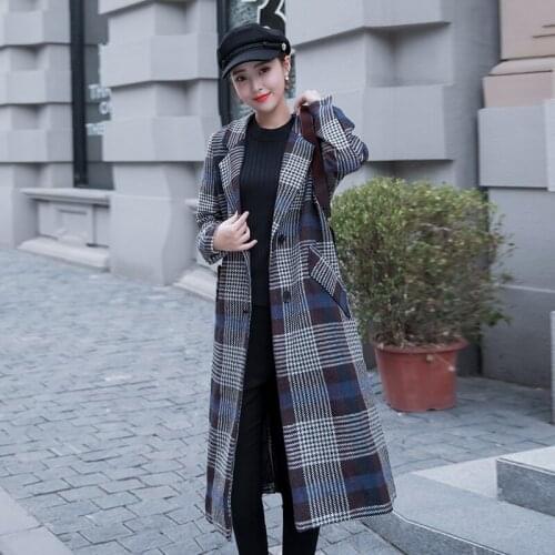 2020 Autumn And Winter New Retro Plaid Jacket Womens Long Loose Tie Coat Free Shipping
