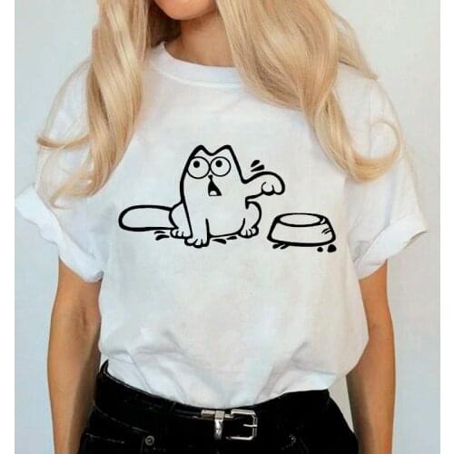 Harajuku Kawaii Cute Cartoon Cat Print Woman T-shirt Ulzzang Grunge T-shirt Fashion Graphic T-shirt Korean Top Tee Female