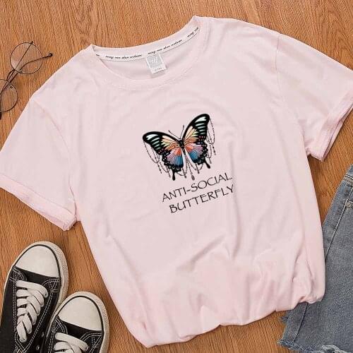 Butterfly Print Top Animal Y2k Aesthetic T Shirt Womens Graphic Print Pink Tee Shirt Women Summer Fashion Clothes Short Sleeve