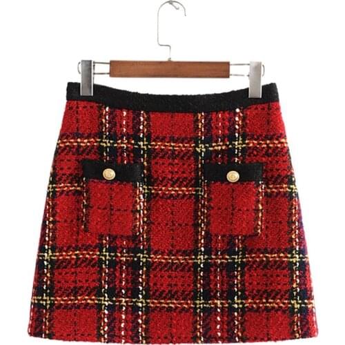 Chic Pockets Buttons Tweed Skirts Women Fashion Casual Plaid Skirt Elegant Ladies A Line Mini Skirts Casual Faldas