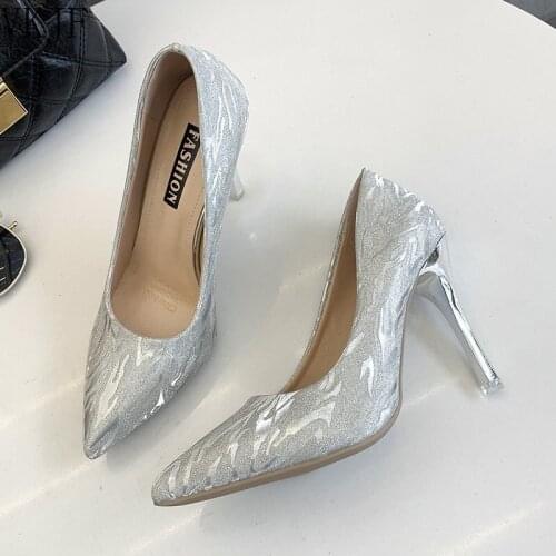 Woman Pointed Toe High Heeled Bling Wedding Shoes Mujer Elegant Party Shoes for Women Stiletto Heels Silver Glitter Pumps