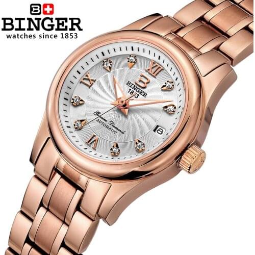 Womens Watches Luxury Brand Switzerland BINGER Automatic Mechanical Wristwatches full stainless steel Waterproof clock B-603L-9
