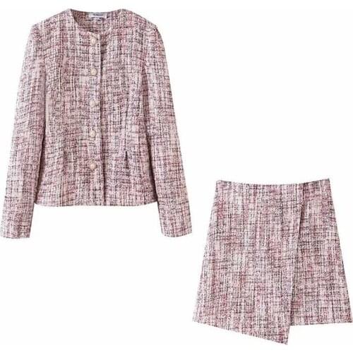 Aonibeier 2021 Za Woman Casual Traf Outfits Autumn Tweed Woolen Ornate Buttons Slim Jacket + Mini Skirt Female 2 Piece Sets