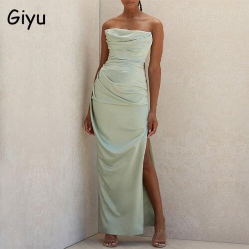 Giyu Club Party Satin Dress Women 2021 Summer Sexy Strapless Split Bodycon Long Maxi Dresses Elegant Backless Ruched Vestidos
