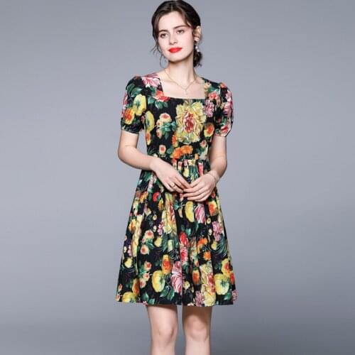 Fashion Runway Summer Dress Womens Square Collar Short Sleeve Casual Vintage Floral Printed Short Dress vestidos k8682