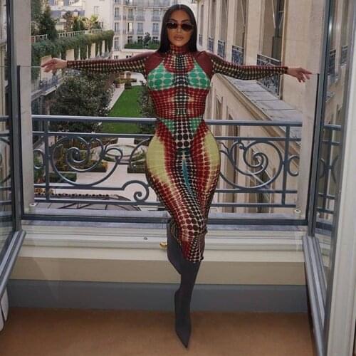 Summer Dot Aesthetic Printing Trend Skinny Bodycon Long Dress Women Full Sleeve Turtleneck Clothing Lady Stretch Slim Dress 2021