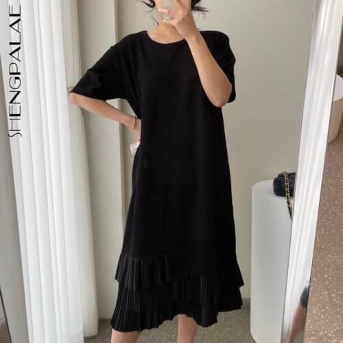 SHENGPALAE Contrast Color Pleated Dress Womens Summer 2021 New Ropound Neck Loose Short Sleeve Mid-calf Dresses Female 16F0865