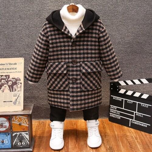 Fashion 2020 Autumn Winter Thicken Grid Jackets Outerwear Woolen Trench Coat Baby Boy Kids Clothing 2 Colors For Age 2-12 Year