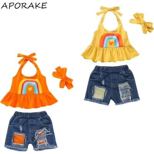 2021 0-6Y Fashion Kids Baby Girl Clothing Set Rainbow Print Sleeveless Halter Top Vest+Patch Denim Shorts Summer Outfits 2pcs