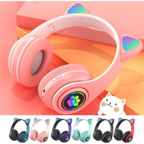 Flash Light Cute Cat Ears Wireless Headphones With Mic Can Control LED Kid Girl Stereo Music Helmet Phone Bluetooth Headset Gift