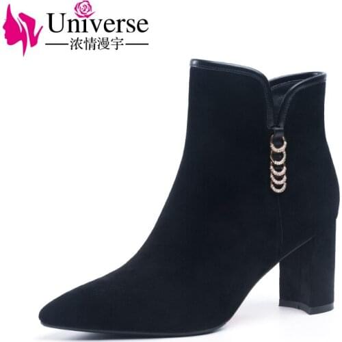 Universe elegant kid suede ankle boots warm plush zip metal ring winter autumn solid ladies black winter boots women shoes H202