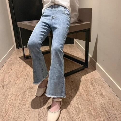 2020 New Korean Version of Big Kids Girls Light Blue Skinny Flared Pants Western Style Little Girl Trousers Trend