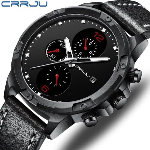 CRRJU Black Mens Cool Watch, Business Fashion Belt Watch, Mens Three Dial Watch