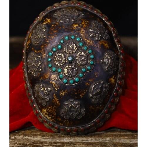 Home Decor Antique Rare Tibetan buddhism bronze mosaic gem Dharma pattern Eight Treasure Gabala Bowl tantrick Kapala Bowl Cup