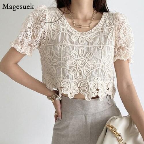 Korean Chic Lace Summer Tops Female Elegant Slim Short Sleeve Blouse for Women Loose Crochet Flower Woman Shirt Blusas New 15288