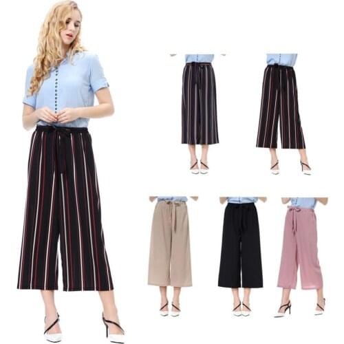 Fashion Women Summer High Waist Pant Trousers Sexy Casual Solid Color/Striped Drawstring Wide Leg Trousers Loose Fit Pants 2021