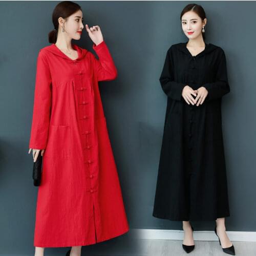Ethnic Cotton And Linen Womens Robe Autumn New Hooded Retro Buckle Plus Long Cloak Cardigan Trench Coat Vestidos Oversize f1438