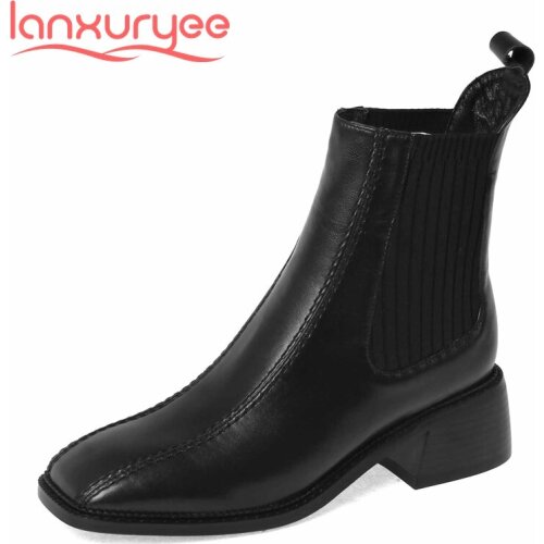 Lanxuryee new arrival Chelsea boots real cow leather knitting square toe thick med heel slip on comfortable soft ankle boots L03