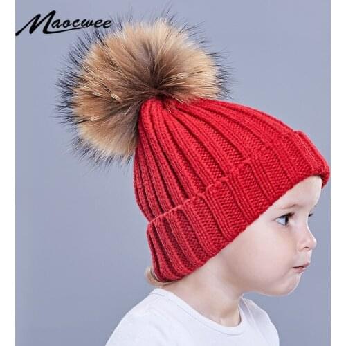 Autumn Winter Girls Boys Fur Pom Pom Beanies Hats Cotton Beanie Cap For Baby Lovely Knitted Hats With PomPom Hats Kids Skullies
