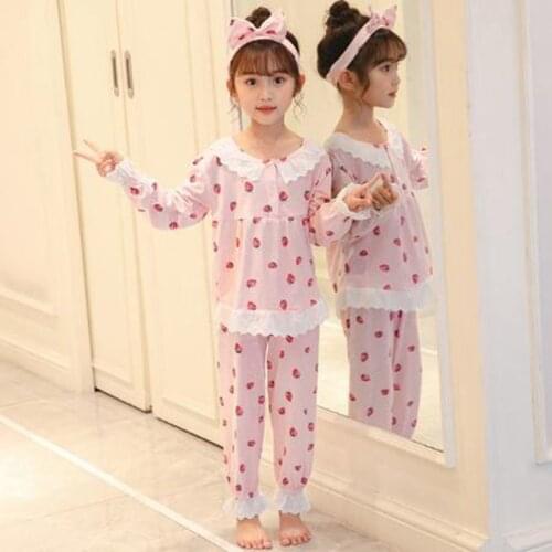 Spring Autumn Girl Pajamas Set Kids Home Cloth Pyjamas Cotton Long Sleeve Lace Cute for Children Princess Sleepwear/Nightwear