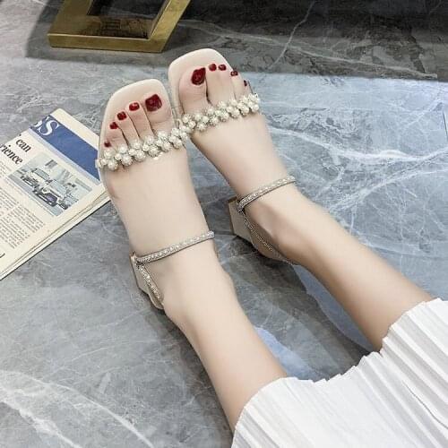 2021 Sandals for Women Summer Flower Square Heel Transparent Sandals with Pearls Female Shoes Elegant Shallow Ladies Shoe