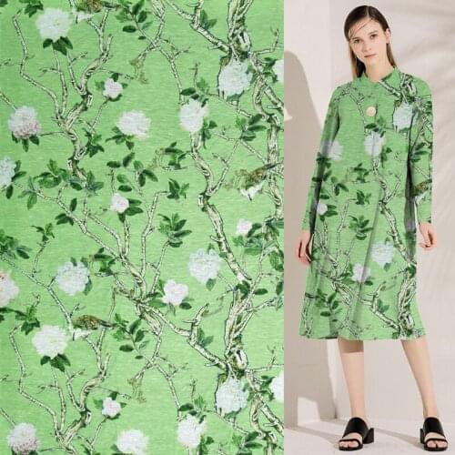 Plant design tree and bird print on blue background silk linen fabric,SLN180