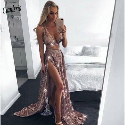 Sexy Crop Top High Split V-Neck Sequined Evening Dresses Sleeveless Long Custom Made Formal Evening Party Dress