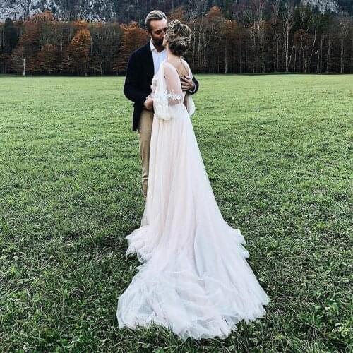 Ivory Blush Tulle Bohemian Wedding Dresses O-Neck Puff Sleeve Fairy Bride-to-be Gowns Robe de soiree A Line Soft Noivas DW023