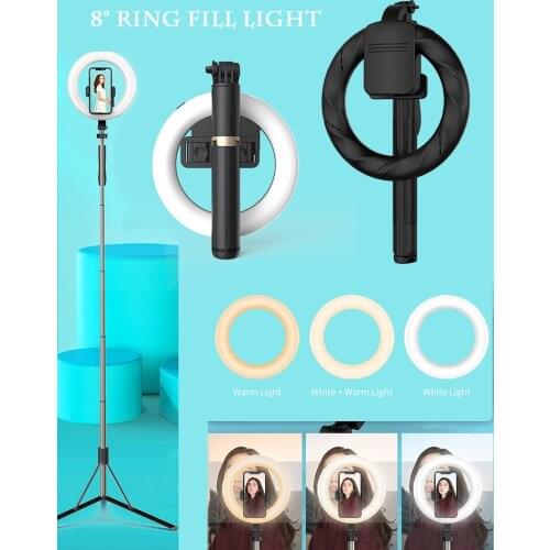 8" LED Ring Photography Light Portable Wireless Bluetooth-Compatible Selfie Stick Handheld Remote Shutter Live Makeup Tripod