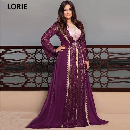 LORIE Purple Moroccan Caftan with Lace Evening Dresses 2020 Long Sleeves A-line Muslim Dubai Formal Party Dress Plus Size China