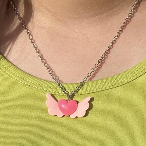 Y2K Jewelry Pink Heart Wings Necklace for Women Resin Cartoon Cute Vintage Harajuku Necklace Charms 90s Aesthetic Gifts 2021