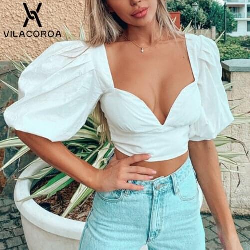 Vintage White T-Shirt Women Puff Sleeves V-Neck Sexy Backless Solid Cropped Tops Fashion Streetwear Female Office Lady Tshirt