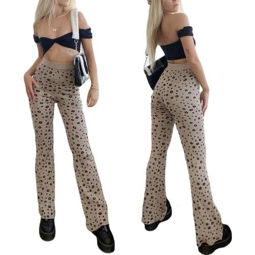 Women’ s Trousers, Female Flower Print High Elastic Waist Long Straight-Leg Pants for Spring Fall, Khaki, S/M/L