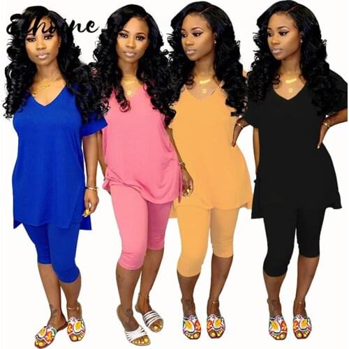 Echoine Summer Solid Color V Neck Short Sleeve Side Split Top Tee Calf Length Casual Two Piece Suit Sporting Tracksuit for Women