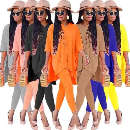 Womens Tracksuit Solid V Neck Side Split Half Sleeve Loose Long Top and Sporty Fitness Leggings Office Lady 2pcs Matching Sets